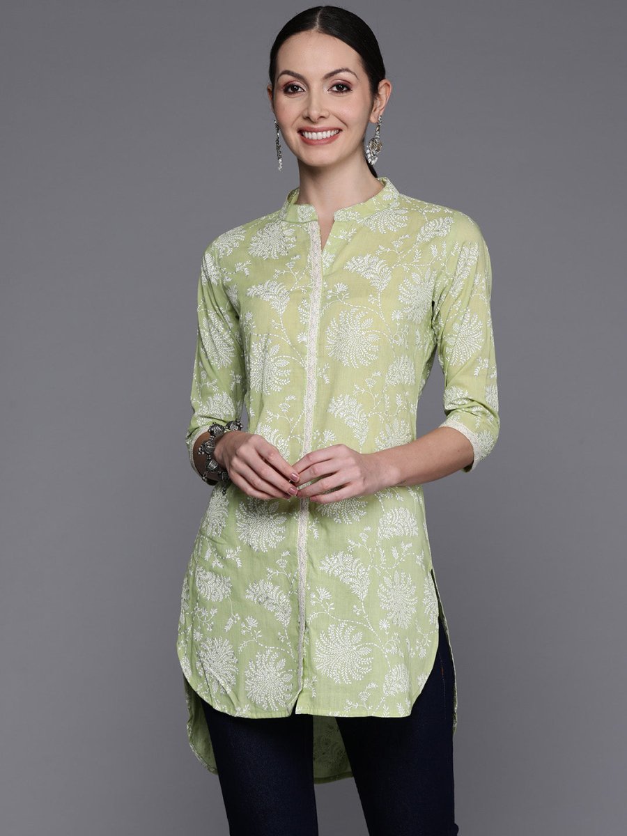 Ahalyaa Mandarin Collar Floral Printed Tunic with Lace Inserts Detail - Distacart