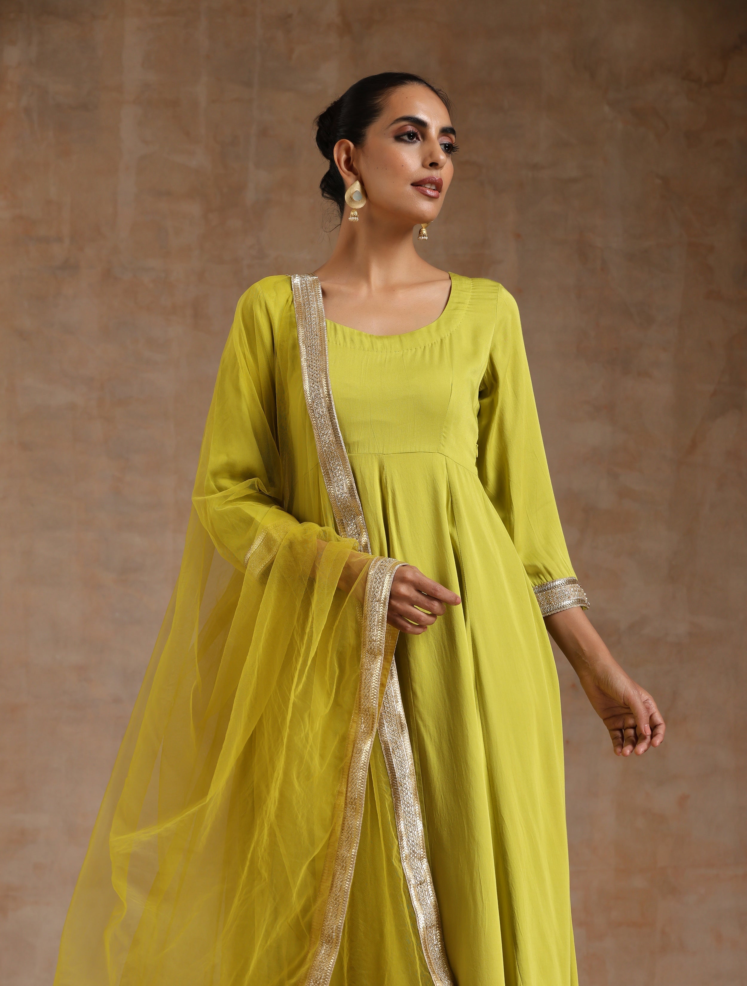 trueBrowns Lime Modal Satin Anarkali Set - Distacart