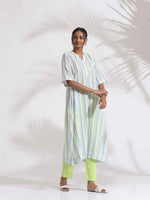 Thumbnail for trueBrowns White Cotton Multi Stripe Flared Kurta Set