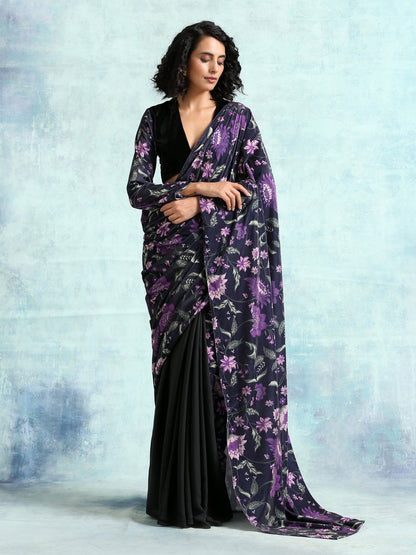 trueBrowns Black Printed Velvet Ready to Wear Saree - Distacart