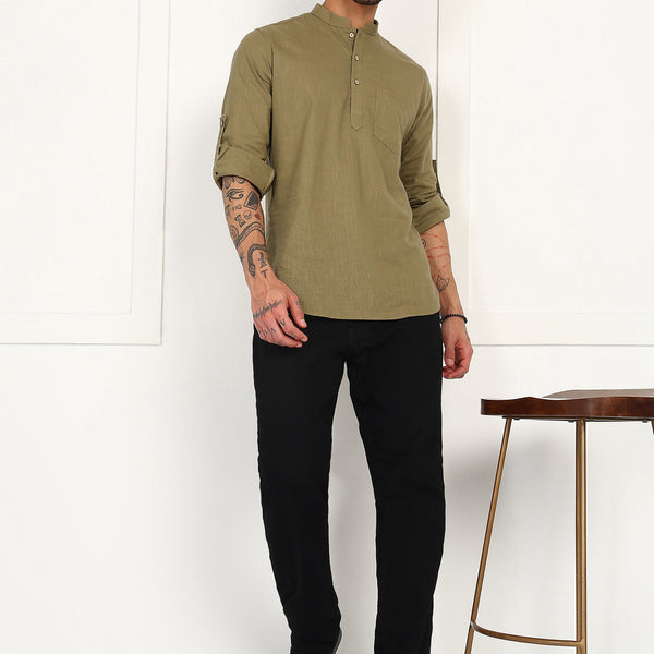 Fabmade Olive Root Linen Short Kurta - Distacart