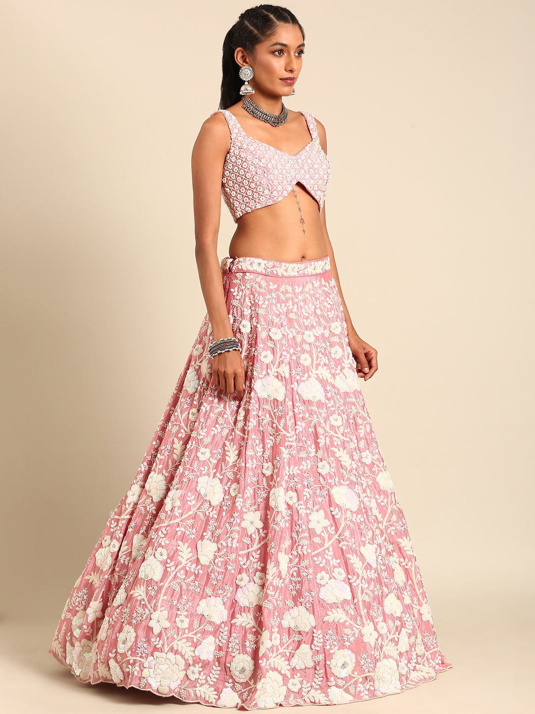 House of Panchhi Rose Gold Chinon Sequins And Zarkan Embroidery Lehenga Choli & Dupatta - Distacart