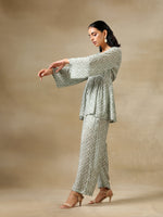 Thumbnail for trueBrowns Light Green Bandhani Printed Silk V-Neck Co-Ord Set - Distacart