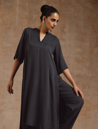 trueBrowns Grey Modal Satin High-Low Relax Kurta Set - Distacart