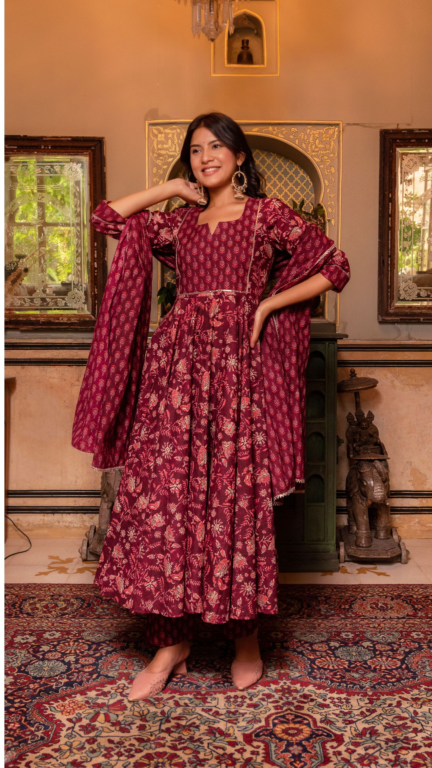 Pomcha Jaipur Gaurangi Maroon Hand Block Print Cotton Anarkali Set - Distacart