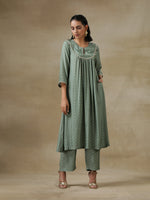 Thumbnail for trueBrowns Light Green Bandhani Printed Silk Yoke Kurta Pant Set - Distacart