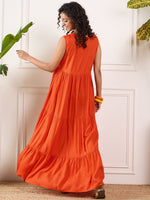 Thumbnail for InWeave Orange V Neck Sleeveless Long Tiered Dress