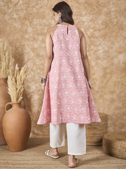 InWeave Pastel Peach V Neck Aline Kurta Set - Distacart