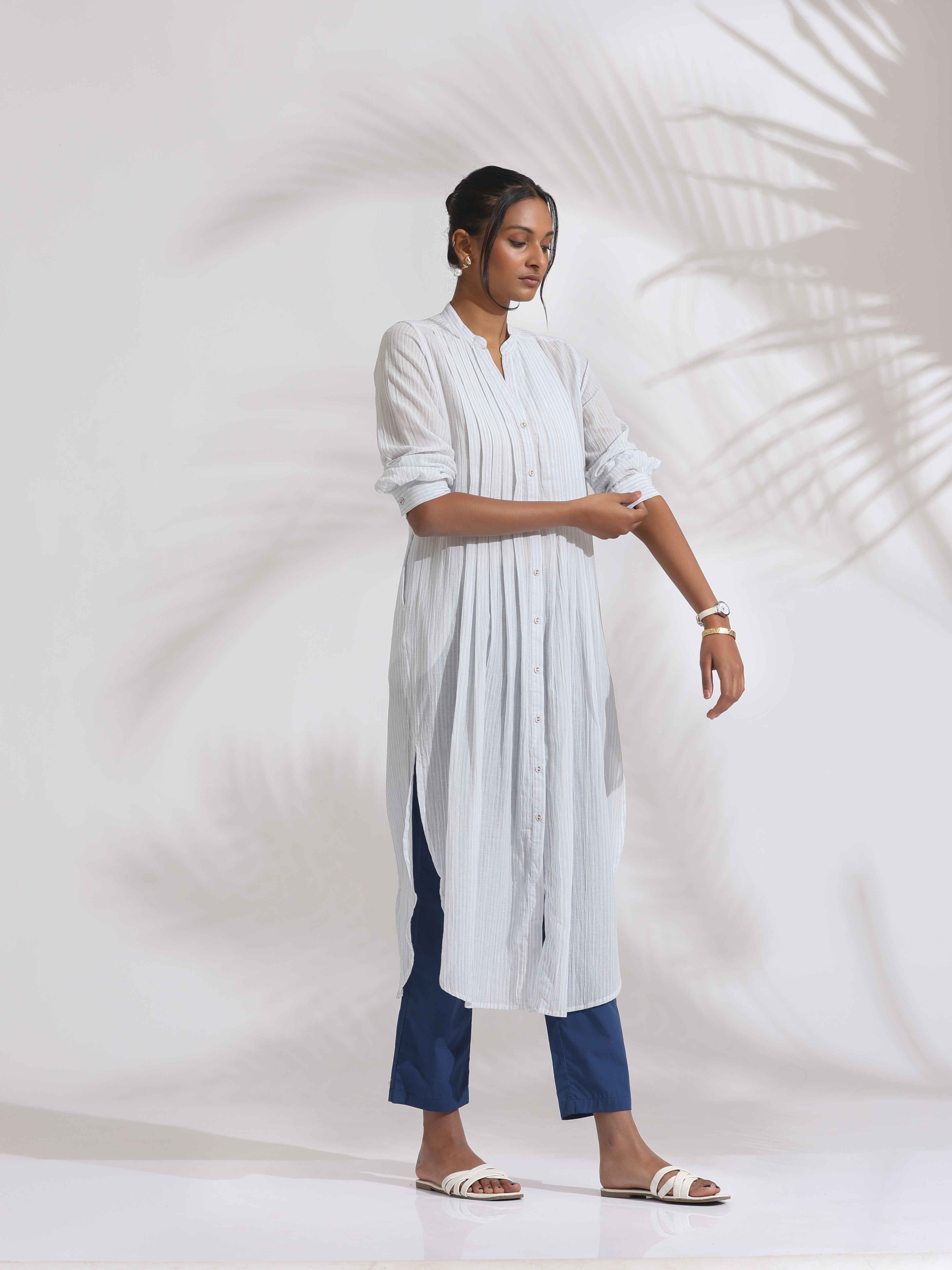 trueBrowns White Cotton Stripe Pleated Shirt Kurta Set