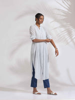 Thumbnail for trueBrowns White Cotton Stripe Pleated Shirt Kurta Set