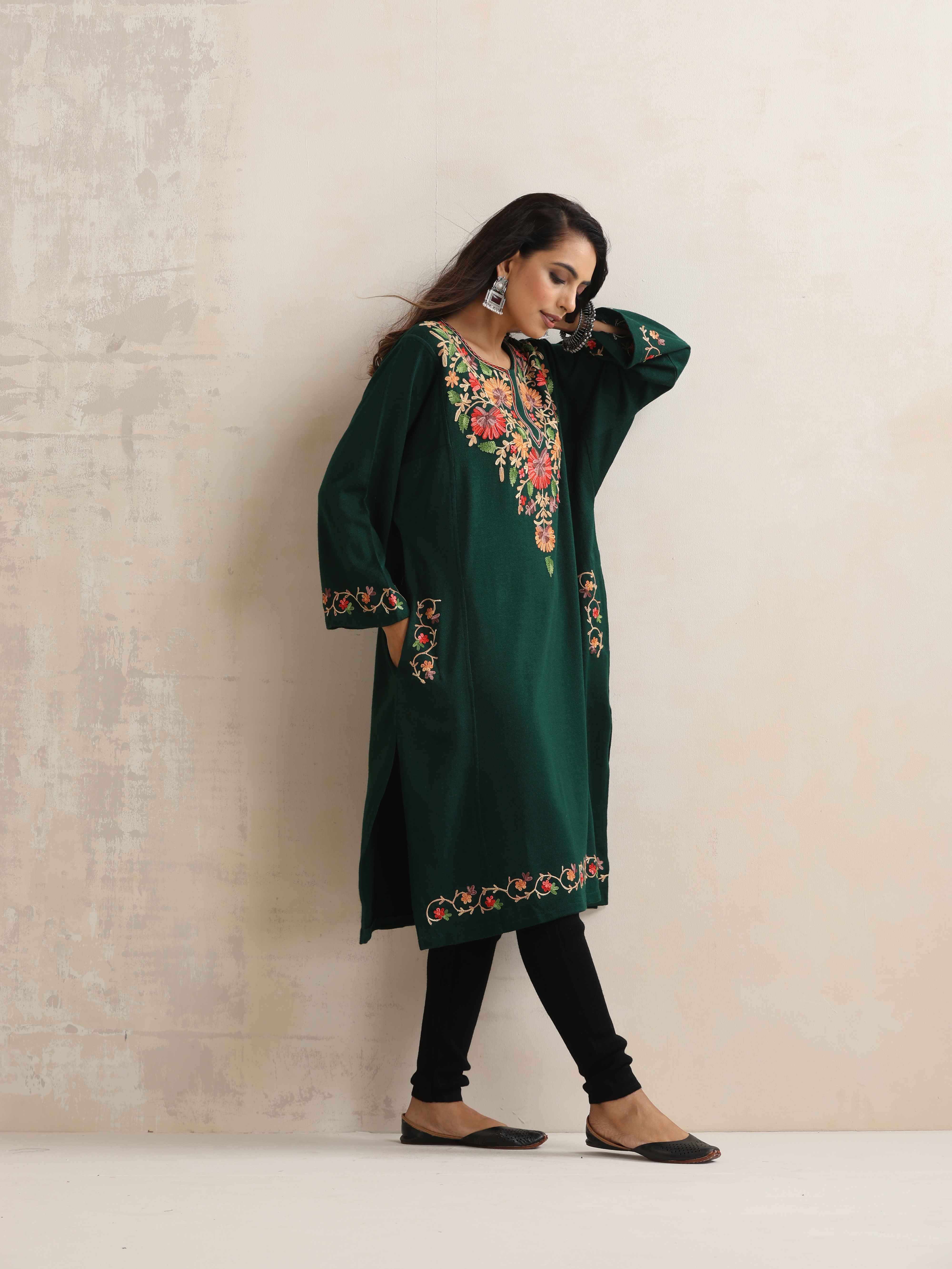 trueBrowns Green Kashmiri Embroidered Woollen Phiran Kurta - Distacart
