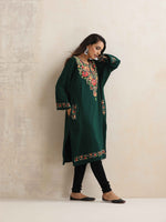 Thumbnail for trueBrowns Green Kashmiri Embroidered Woollen Phiran Kurta - Distacart