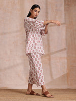 Thumbnail for trueBrowns Pink Brown Buta On White Block Print Cotton Baggy Sleeve Co-Ord Set - Distacart