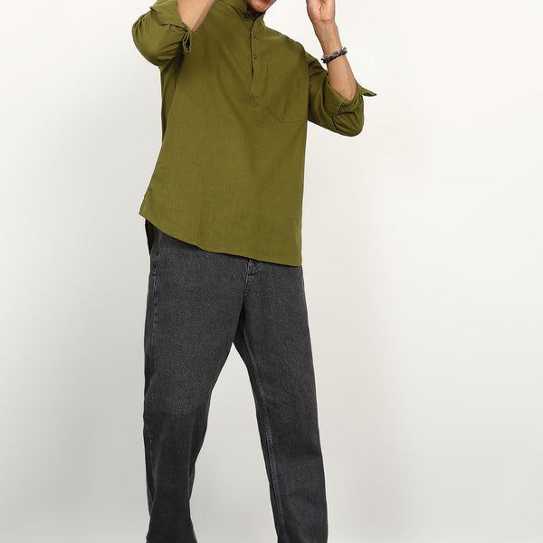 Fabmade Olive Still Linen Kurta - Distacart