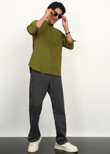 Fabmade Olive Still Linen Kurta - Distacart