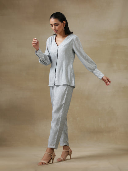 trueBrowns Grey Bandhani Printed Silk Front Open Short Co-Ord Set - Distacart