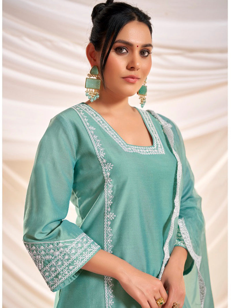 BulBul Women Aqua Embroidered Premium Silk Straight Suit With Dupatta