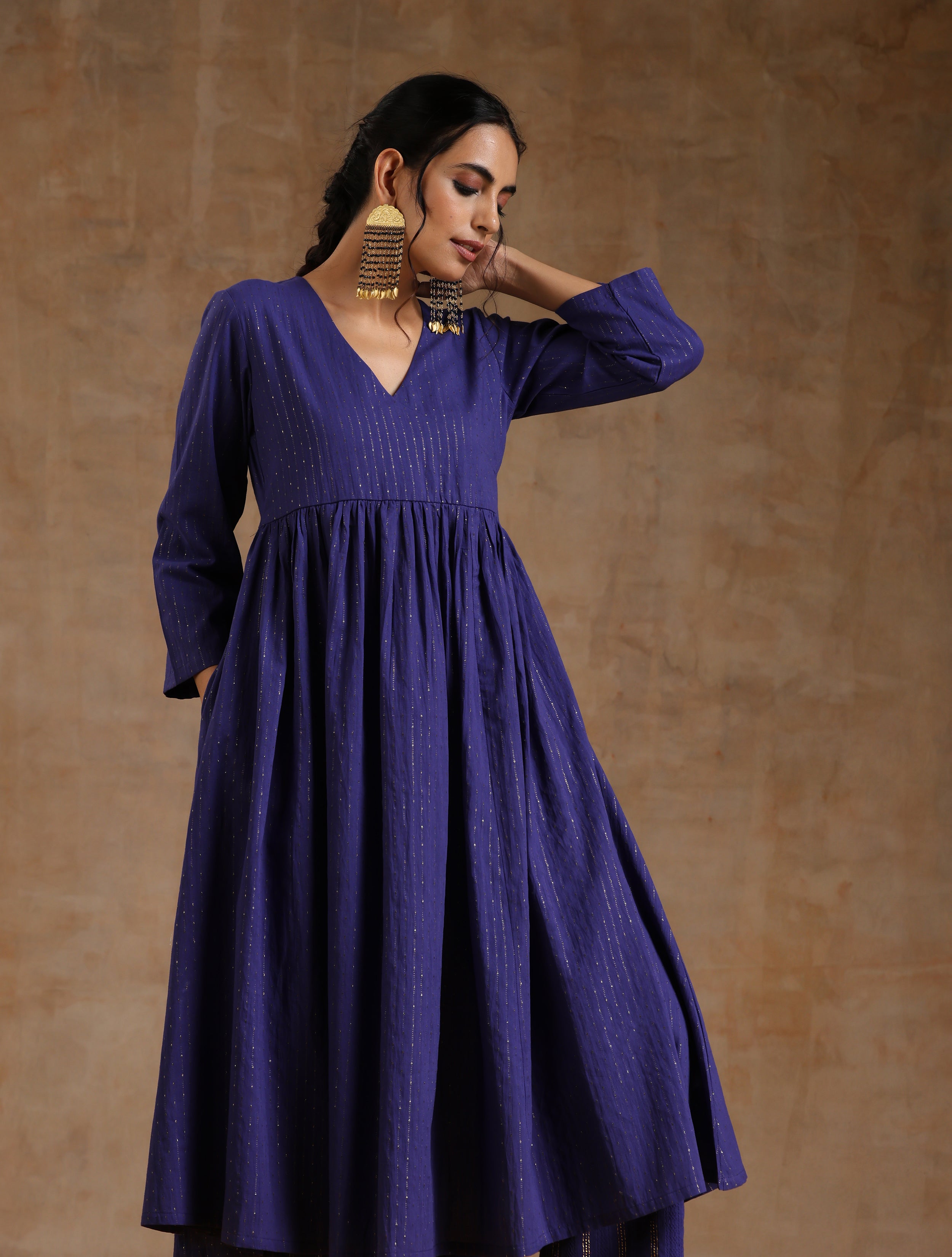 trueBrowns Spectrum Blue Gold Cotton Kalidar Kurta Set - Distacart