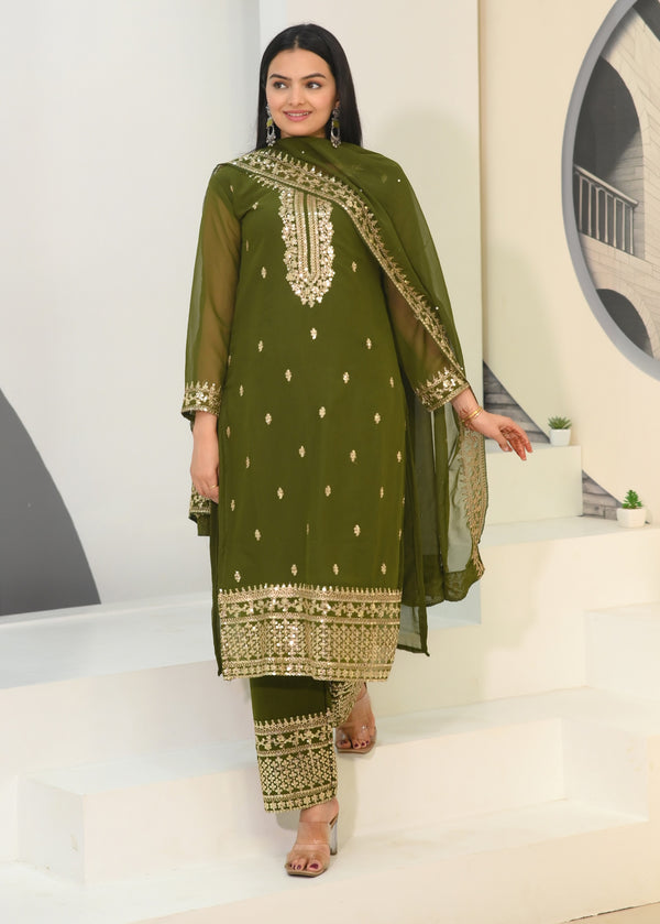 Teeya Creation Mehndi Color Faux Georgette Silk Heavy Embroidery Work Fully Stitched Salwar Suit - Distacart