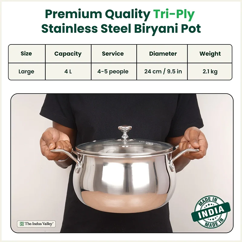The Indus Valley TurboCuk Tri-ply Stainless Steel Handi Casserole/ Biryani Cooking Pot+ Glass Lid, Premium Quality, 3 Layer Thick Body, 100% Toxin-free, Non-stick, Induction & Gas, 4L