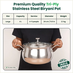 Thumbnail for The Indus Valley TurboCuk Tri-ply Stainless Steel Handi Casserole/ Biryani Cooking Pot+ Glass Lid, Premium Quality, 3 Layer Thick Body, 100% Toxin-free, Non-stick, Induction & Gas, 4L