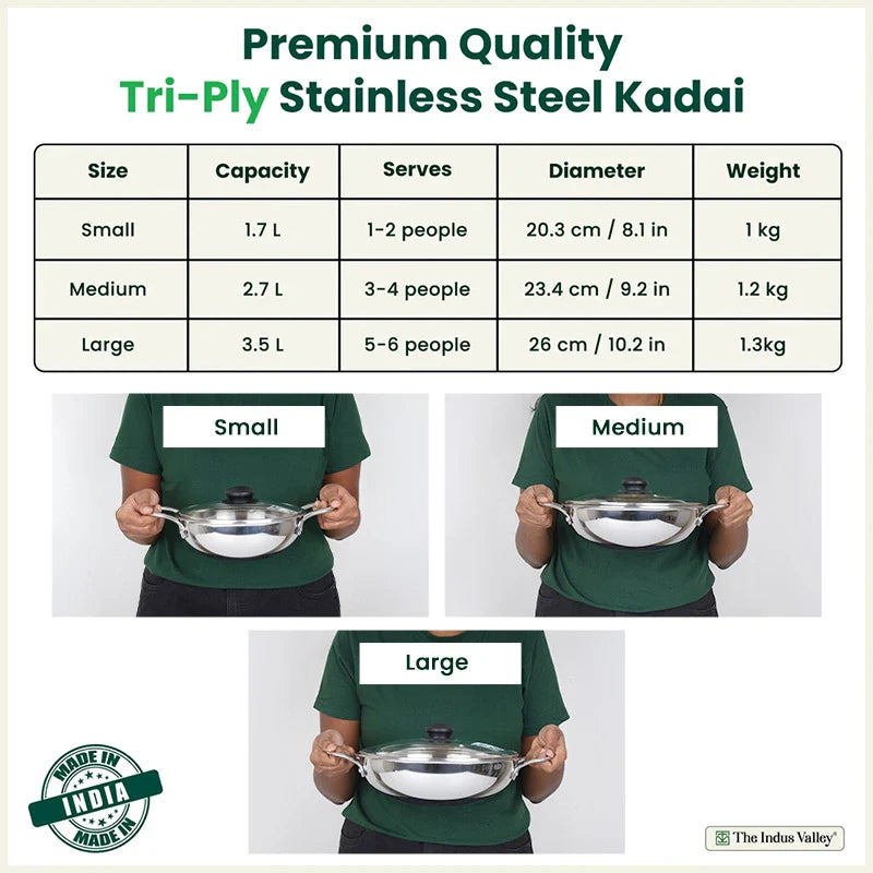The Indus Valley TurboCuk Tri-ply Stainless Steel Kadai+ Glass Lid, Premium Quality, 3 Layer Thick Body, 100% Toxin-free, Non-stick, Induction & Gas, 1.7/2.7/3.5L
