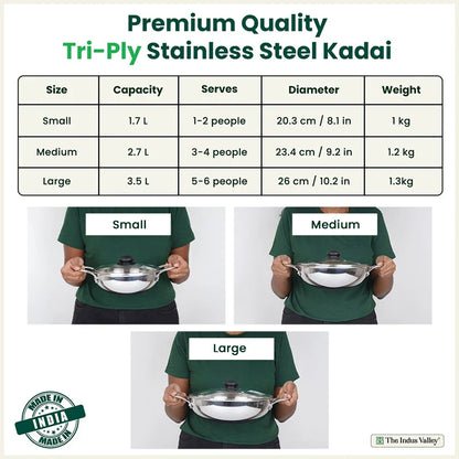 The Indus Valley TurboCuk Tri-ply Stainless Steel Kadai+ Glass Lid, Premium Quality, 3 Layer Thick Body, 100% Toxin-free, Non-stick, Induction & Gas, 1.7/2.7/3.5L - Distacart