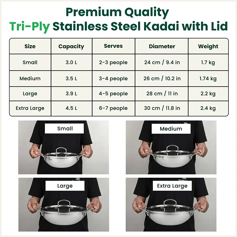 The Indus Valley TurboCuk Tri-ply Stainless Steel Kadai+ Steel Lid, Premium Quality, 3 Layer Thick Body, 100% Toxin-free, Non-stick, Induction & Gas, 3L/3.5L/3.9L/4.5L
