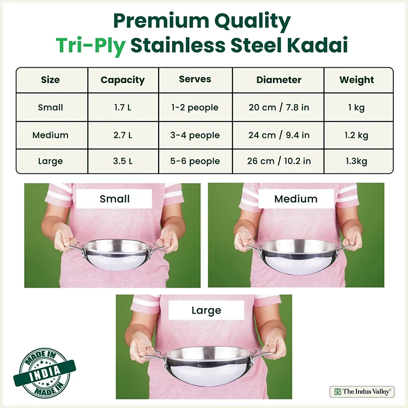 The Indus Valley TurboCuk Tri-ply Stainless Steel Kadai, Premium Quality, 3 Layer Thick Body, 100% Toxin-free, Non-stick, Induction & Gas, Free ₹110 Spatula, 1.7/2.7/3.5L