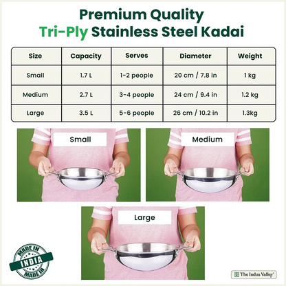 The Indus Valley TurboCuk Tri-ply Stainless Steel Kadai, Premium Quality, 3 Layer Thick Body, 100% Toxin-free, Non-stick, Induction & Gas, Free ₹110 Spatula, 1.7/2.7/3.5L - Distacart