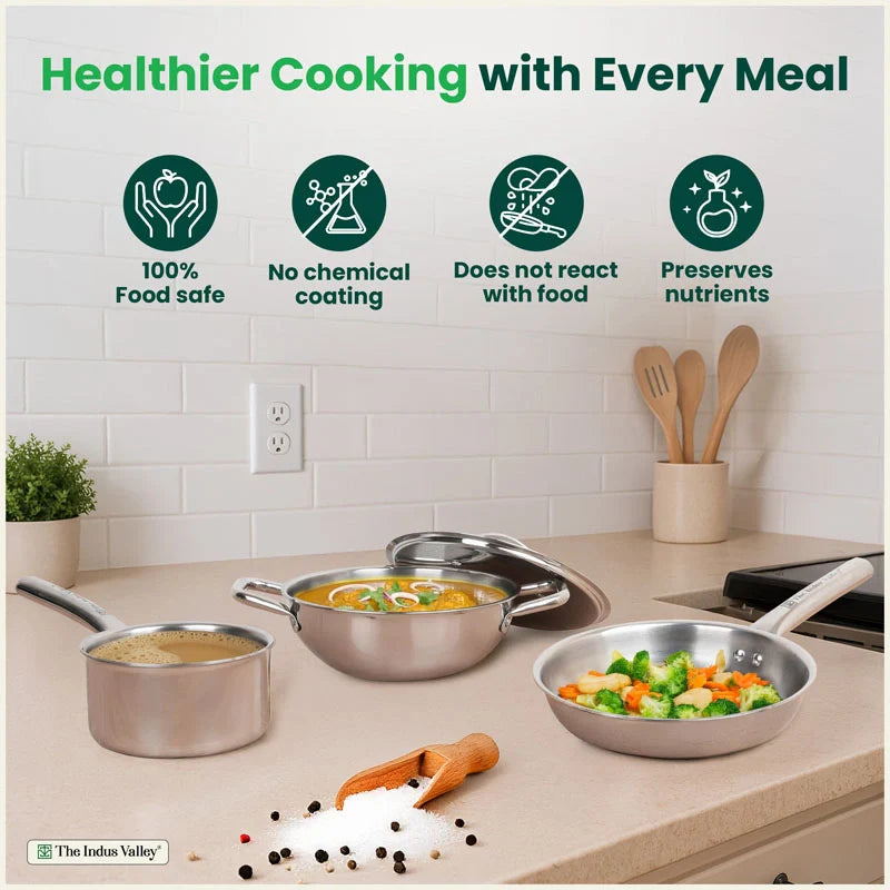 The Indus Valley TurboCuk Tri-ply Stainless Steel Cookware Set: 24cm Kadai with Lid + 22cm Fry Pan + 16cm Sauce pan, Premium Quality, 3 Layer Thick Body, 100% Toxin-free, Non-stick, Induction & Gas