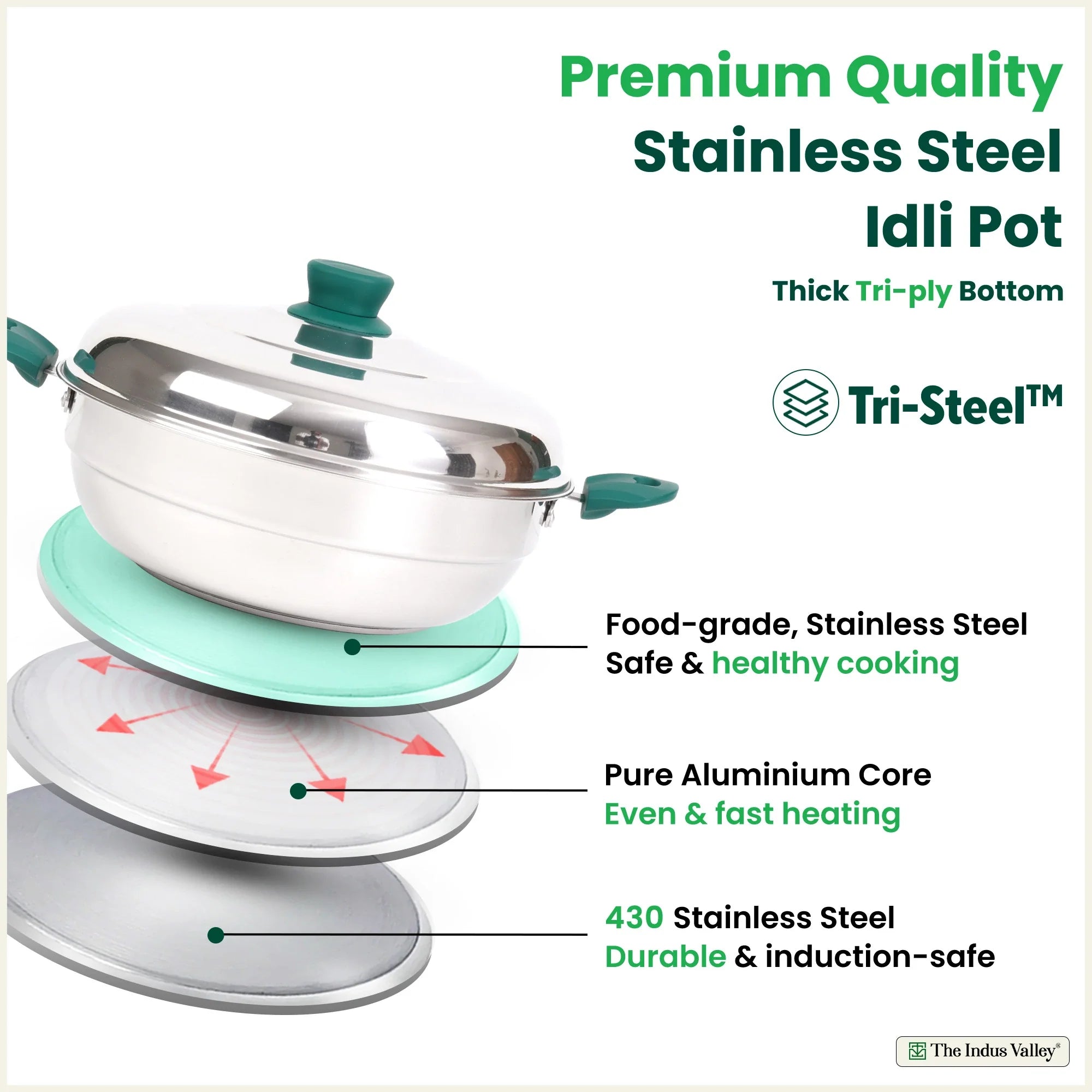 The Indus Valley 14 Pit Tri-Steel Multi Pot Premium Stainless Steel Idli/ Momo Maker/  Veg Steaming Set, Tri-ply Induction Bottom, 2 Plates, 27cm