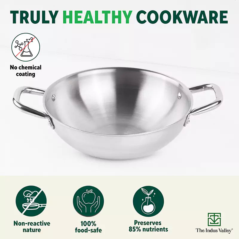 The Indus Valley TurboCuk Tri-ply Stainless Steel Cookware Set: 2.2L Kadai+ 1.4L Frypan+  1.2L Tea/Milk pan, Premium Quality, 3 Layer Thick Body, 100% Toxin-free, Non-stick, Induction & Gas