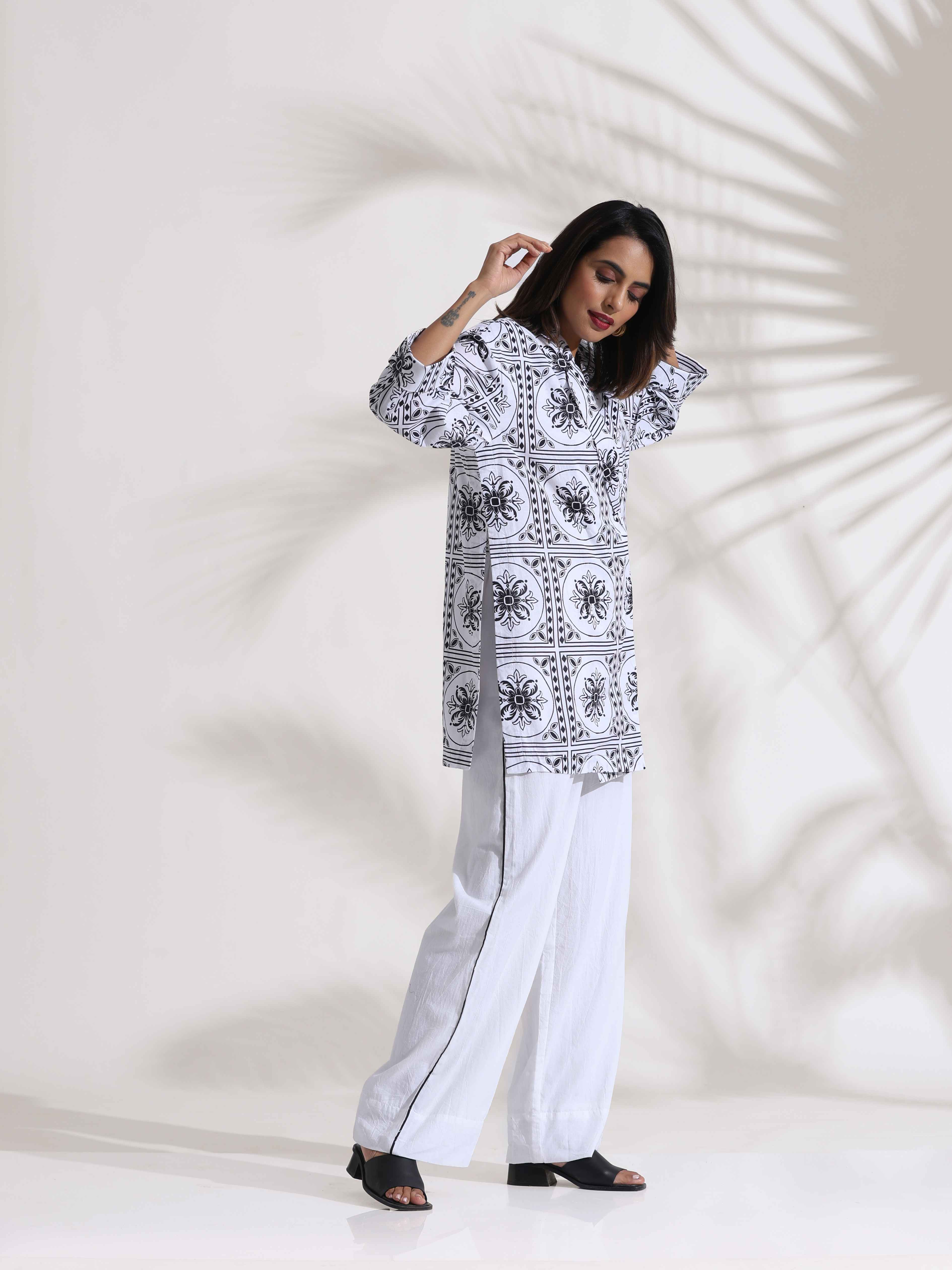 trueBrowns White Cotton Print Jacket Co-ord Set
