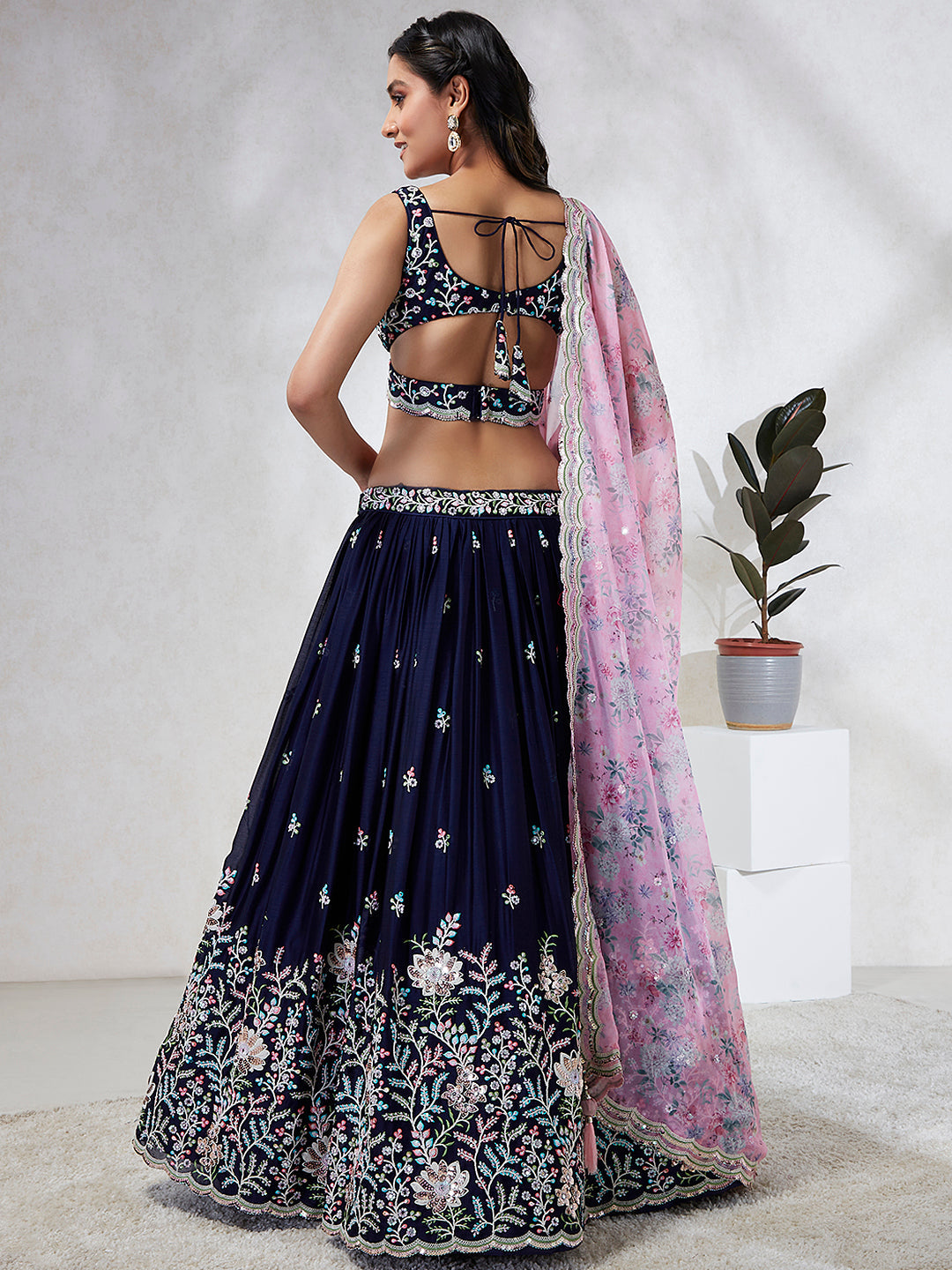 House of Panchhi Navy Blue Georgette Sequins, Mirror And Thread Embroidery Lehenga Choli & Dupatta - Distacart