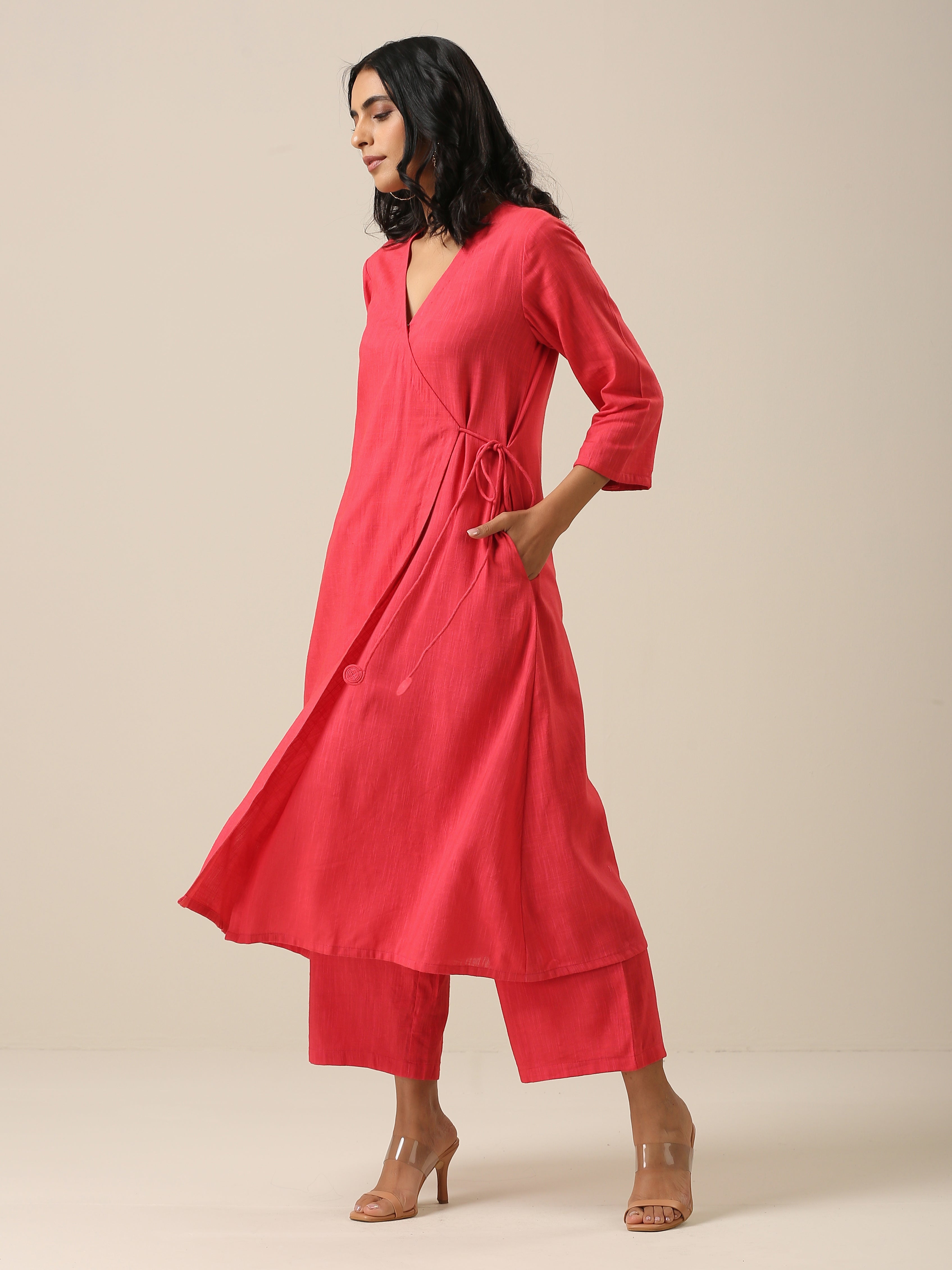 trueBrowns Bright Pink Slub Texture Angrakha Pant Set - Distacart