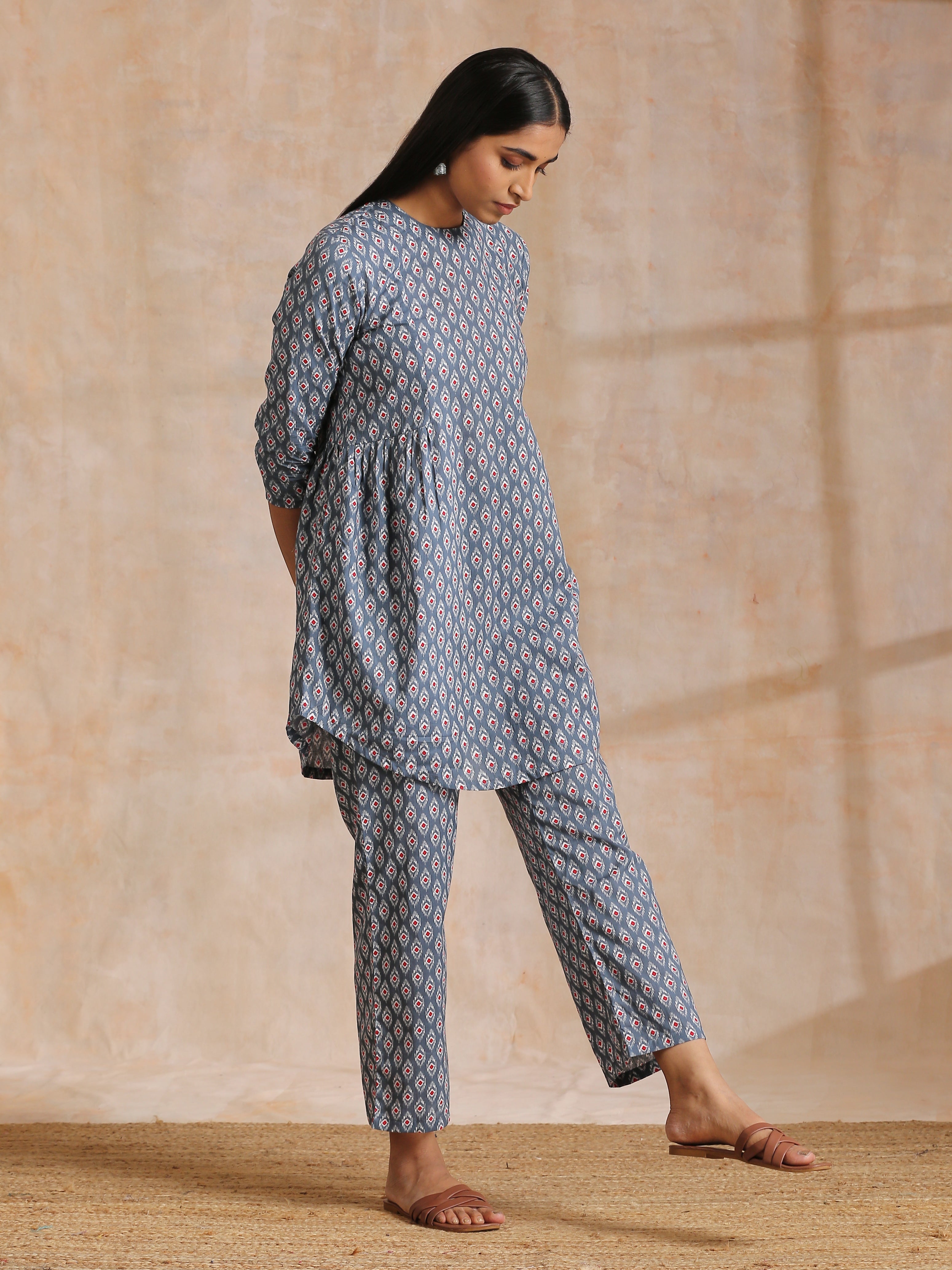 trueBrowns Steel Grey Ikat Print Cotton Gathers Co-Ord Set - Distacart