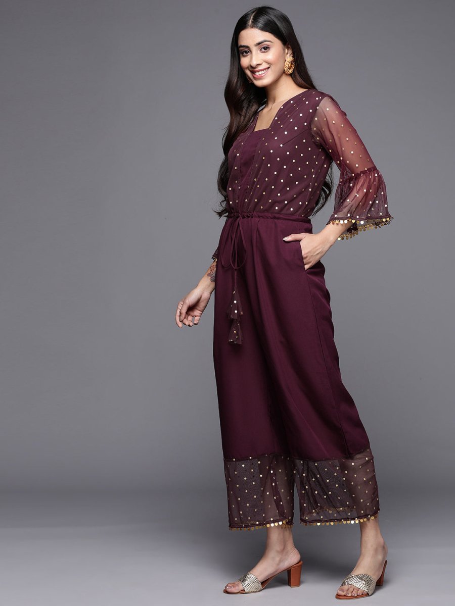 Ahalyaa Printed Bell Sleeves Crepe Basic Jumpsuit With Waist Tie-Ups - Distacart