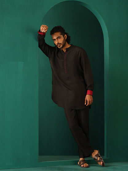 trueBrowns Men's Black Silk Co-ord Set Stitch Detail - Distacart