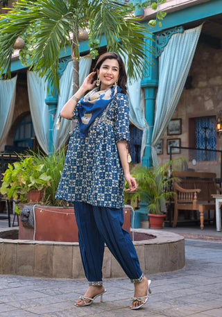 Varanga Women Blue Mirror Work Yoke Embroidered A-Line Kurta Paired With Tonal Afghan Bottom And With Dupatta