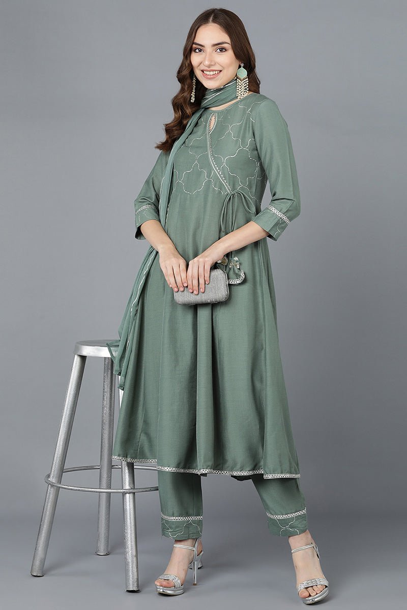 Ahika Teal Poly Silk Embroidered Kurta Trousers With Dupatta