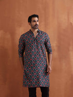 Thumbnail for trueBrowns Men's Black Floral Printed Kurta