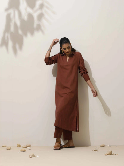 trueBrowns Brown Cotton Linen Kurta Pant Set - Distacart