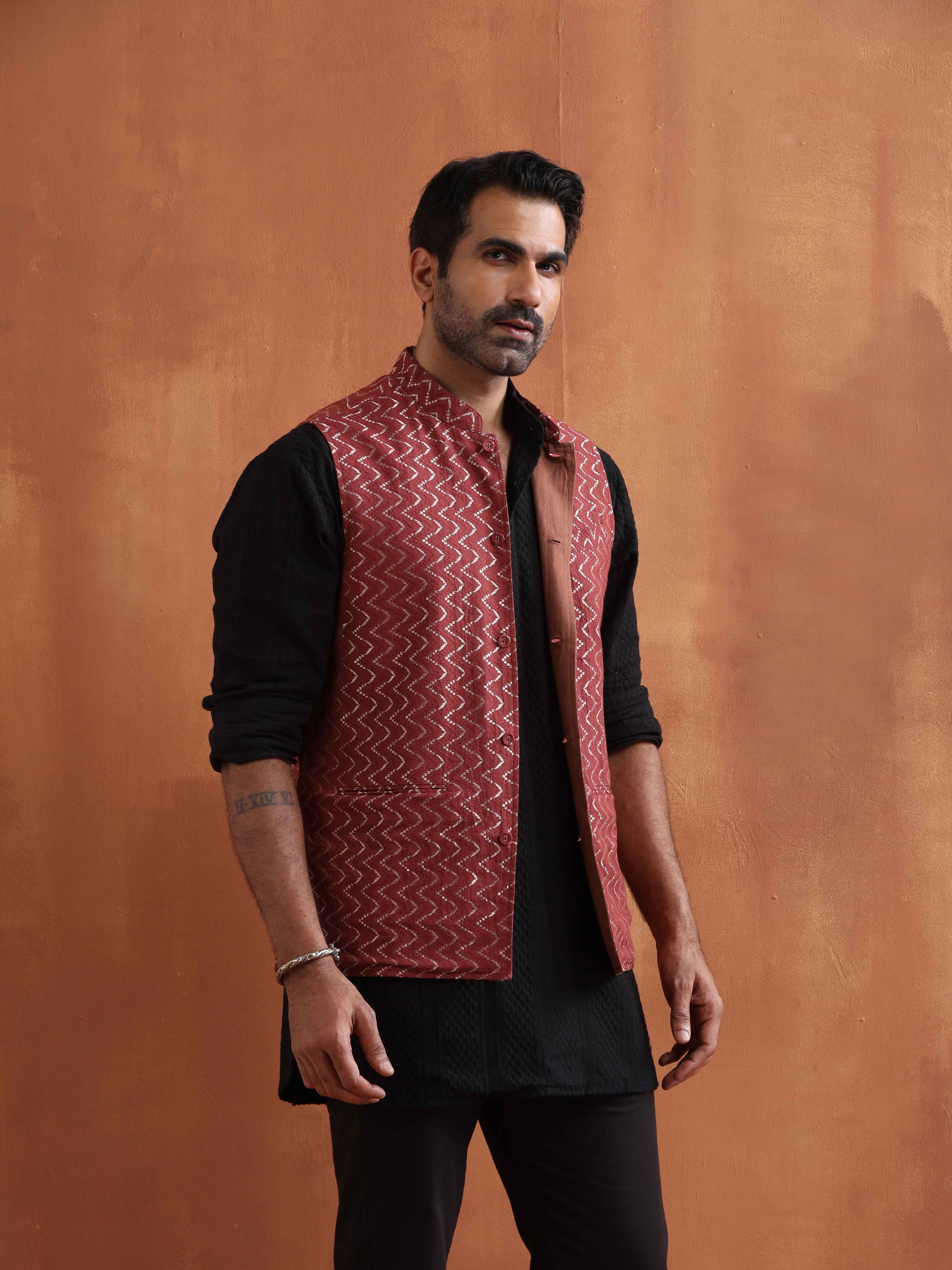 trueBrowns Men's Rust Cotton Dobby Nehru Jacket