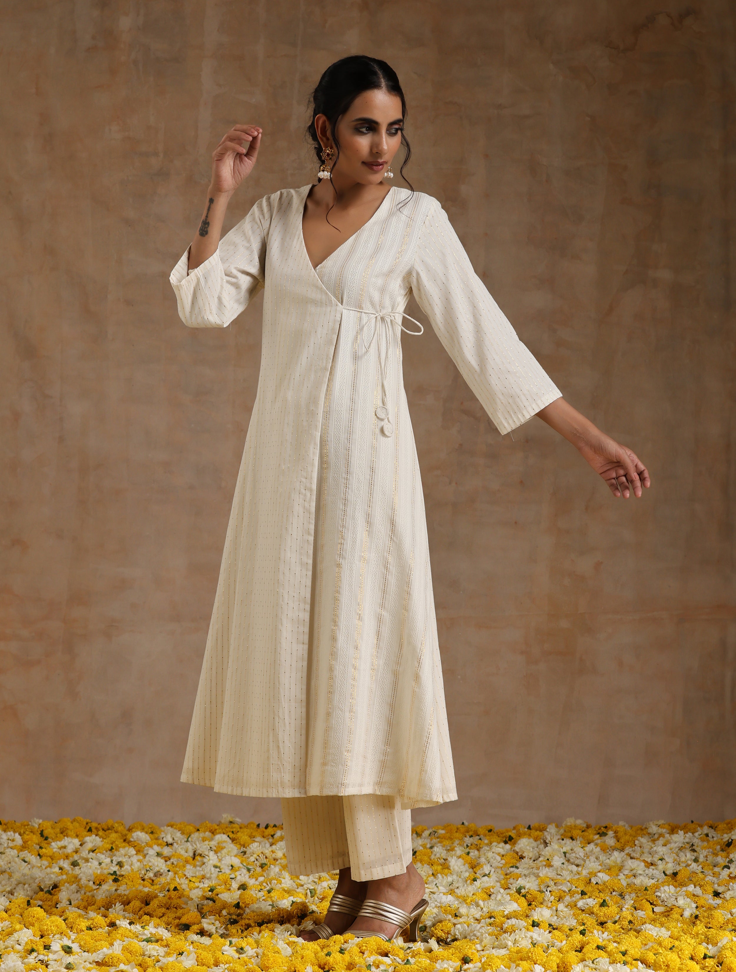 trueBrowns Ivory Gold Cotton Angrakha Kurta Set - Distacart