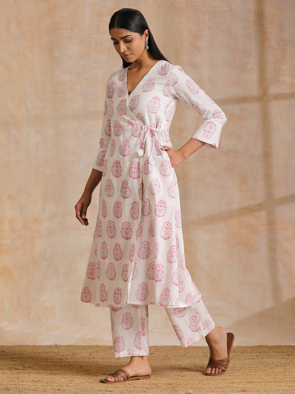 trueBrowns Pink Big Buta On White Print Cotton Angrakha Kurta Pant Set - Distacart