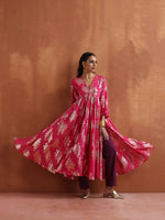Thumbnail for trueBrowns Pink Metallic Flared Anarkali Kurta Set