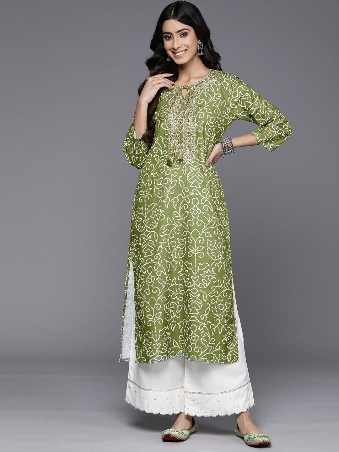 Varanga Women Olive Bhandhani Print Gota Yoke Embroidered Kurta With Round Neck And With Tassel Detailings - Distacart