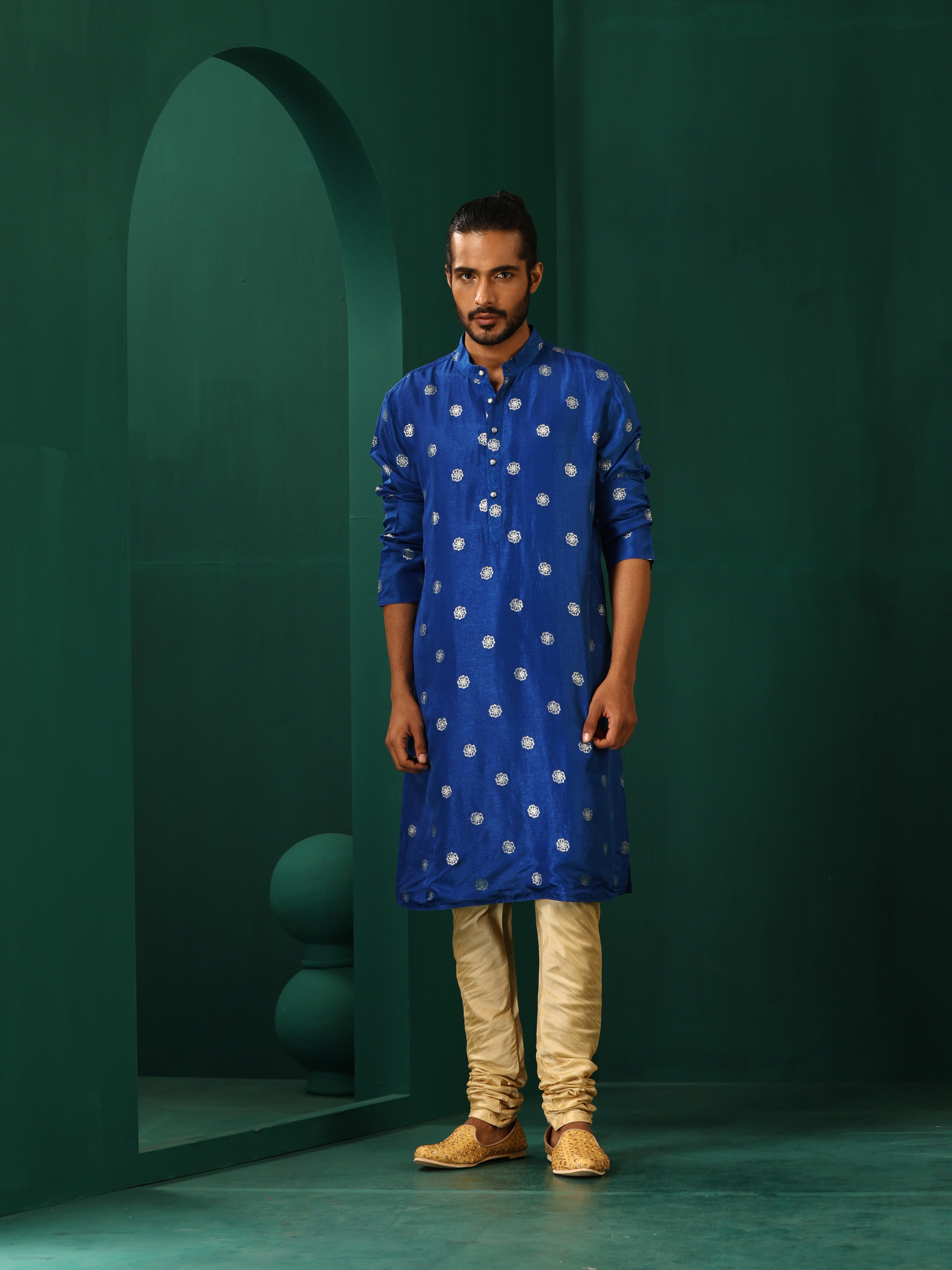 trueBrowns Men's Royal Blue Geometric Floral Viscose Silk Long Kurta - Distacart