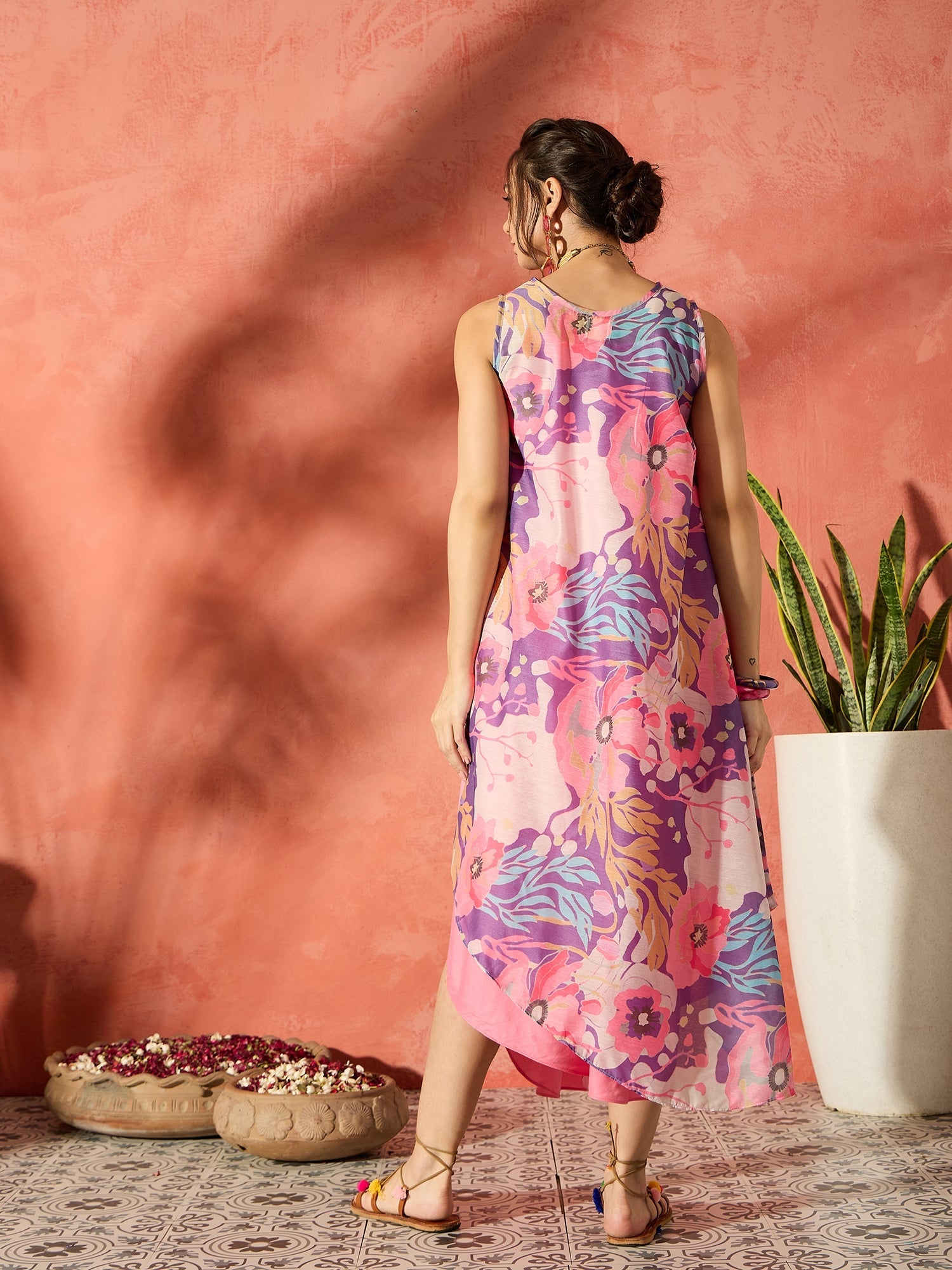 InWeave Purple Floral Peach Asymmetrical Dress S for Women InWeave Purple Floral Peach Asymmetrical Dress S for Women